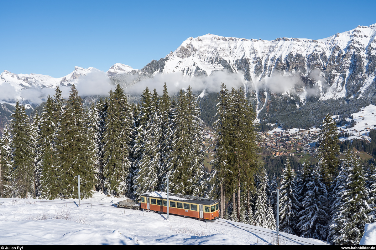 BLM Be 4/4 22 am 30. November 2019 zwischen Winteregg und Grütschalp.
