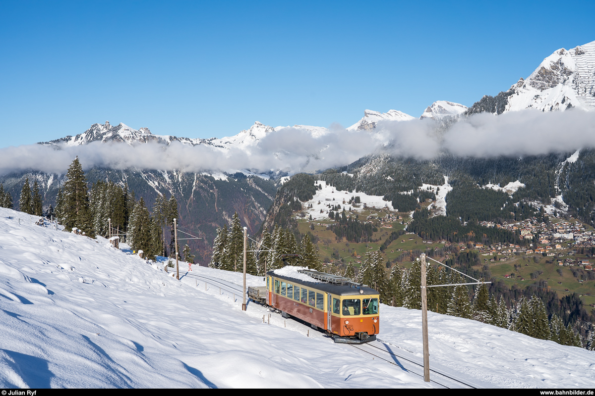 BLM Be 4/4 22 am 30. November 2019 zwischen Winteregg und Grütschalp.
