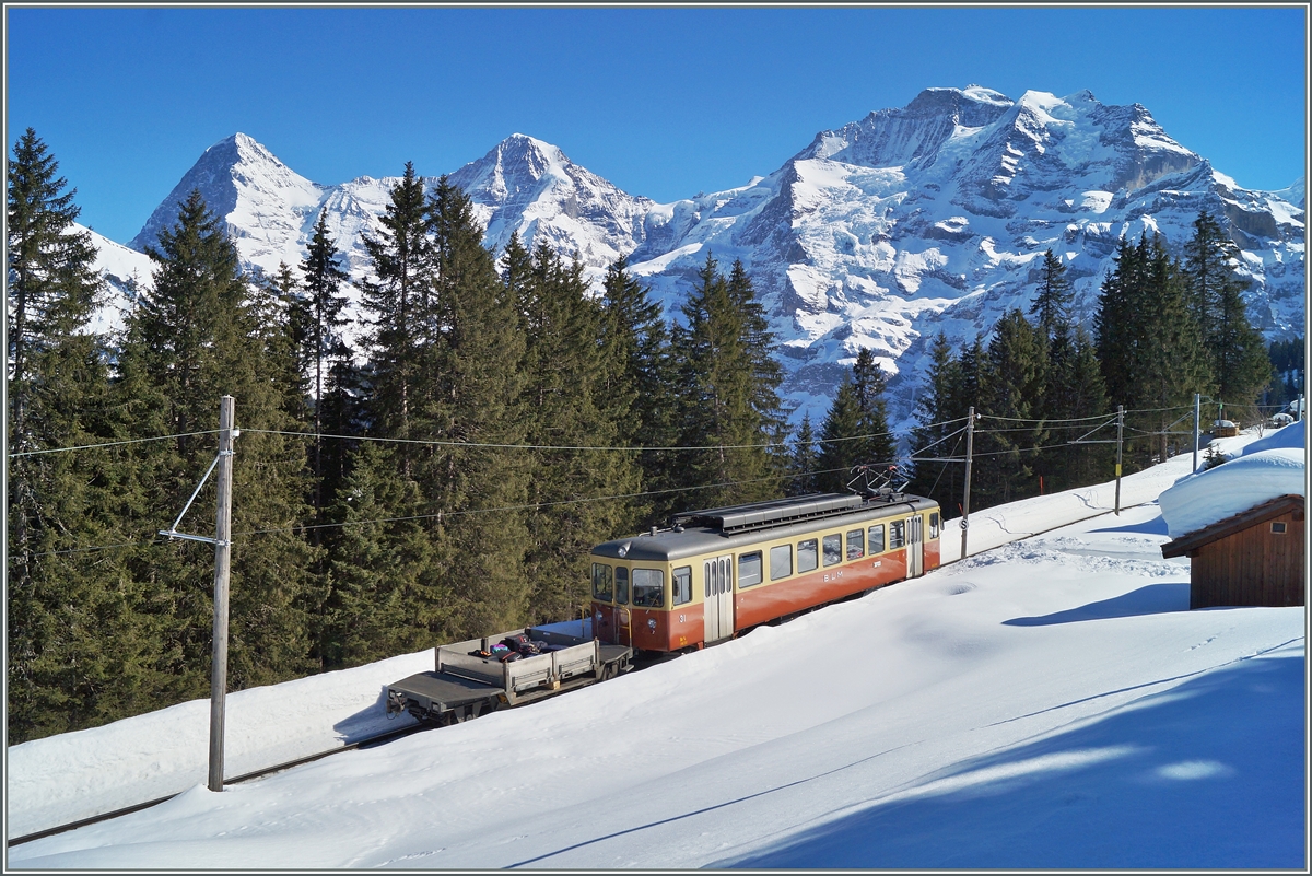 BLM Be 4/4 No 31 vor der Kulisse von Eiger, Mönch und Jungfrau. 
9. März 2014