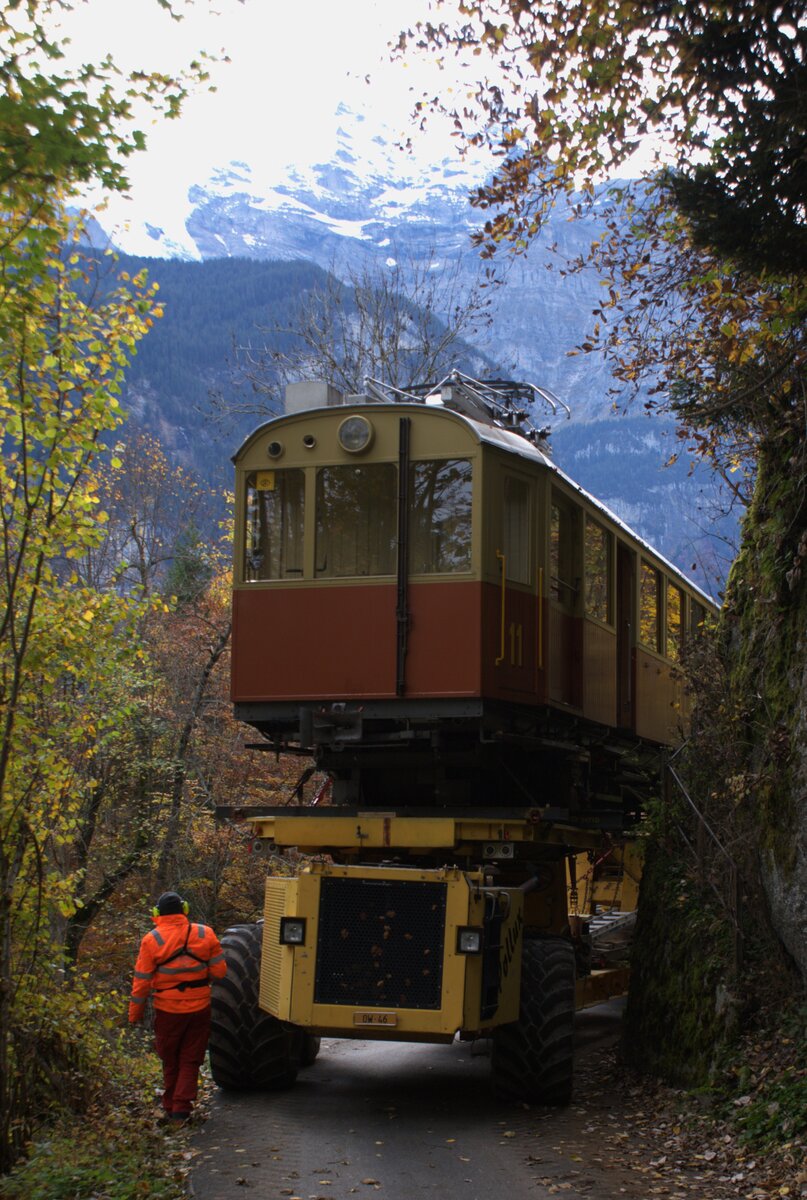 BLM Bergbahn Lauterbrunnen-Mürren: CFe 2/4 11 (SIG/MFO 1913), Taltransport Winteregg-Lauterbrunnen mit dem Spezialfahrzeug  Castor und Pollux , Alpwegwald, Lauterbrunnen, 24. Oktober 2024.