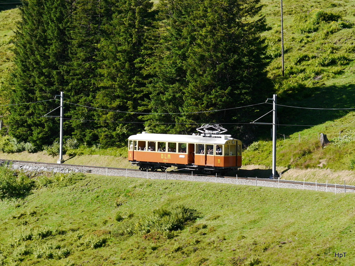 BLM - Oldtimer Triebwagen CFe 2/4 11 unterwegs als Regelzug nach Mürren kurz nach der Kreuzungshaltestelle Winteregg am 14.08.2016