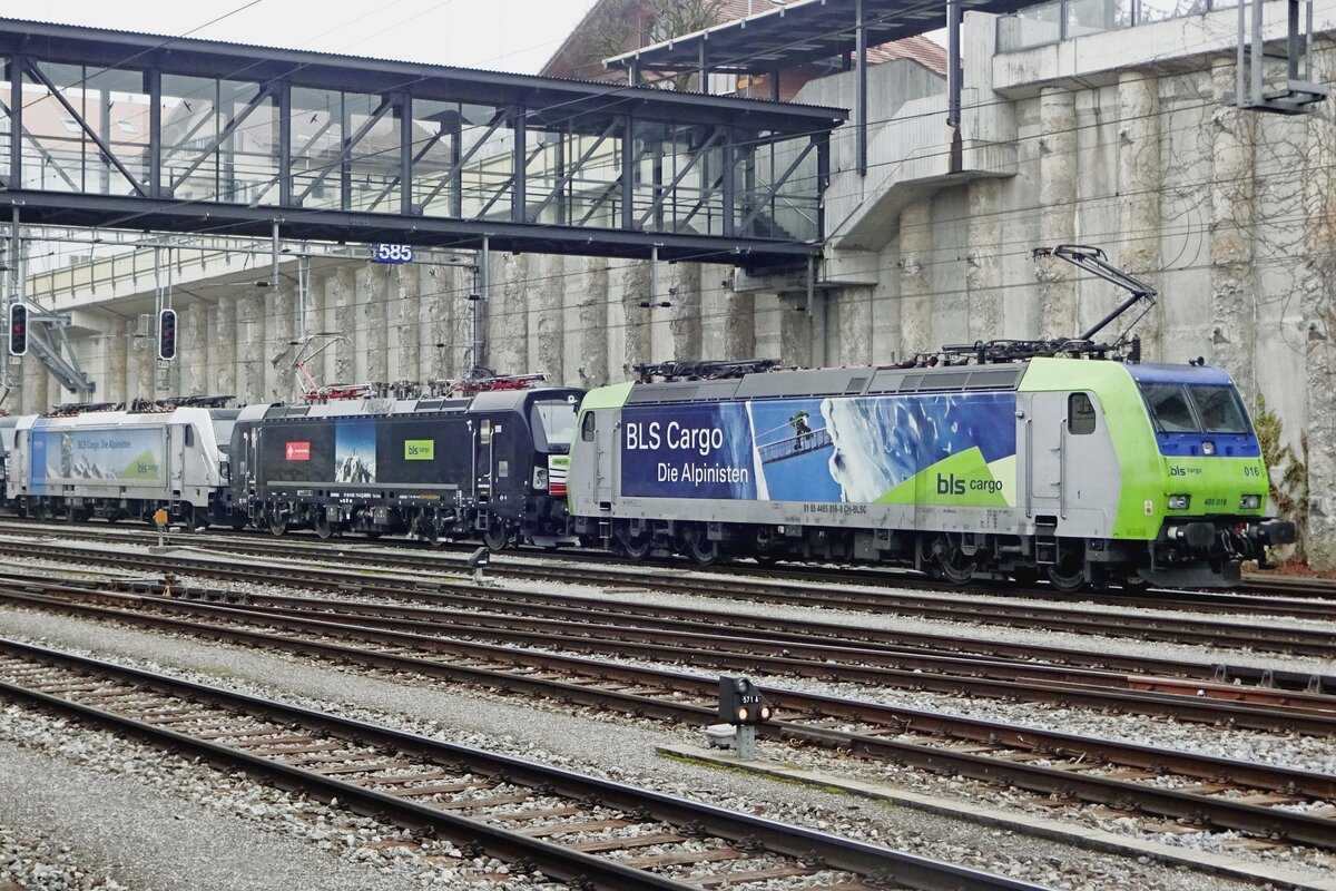 BLS 485 016 steht am 2 Januar 2020 mit ein Lokzug in Spiez.