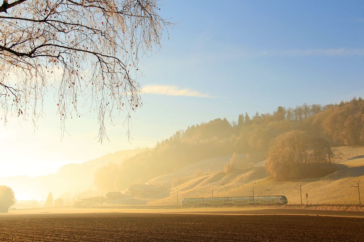 BLS Doppelstocktriebzug RABe 515  Mutz : In den blendenden Strahlen der Morgensonne in den Nebel eines Wintermorgens hinein kommt RABe 515 001 von Kehrsatz her Richtung Bern. 8. Dezember 2016. 