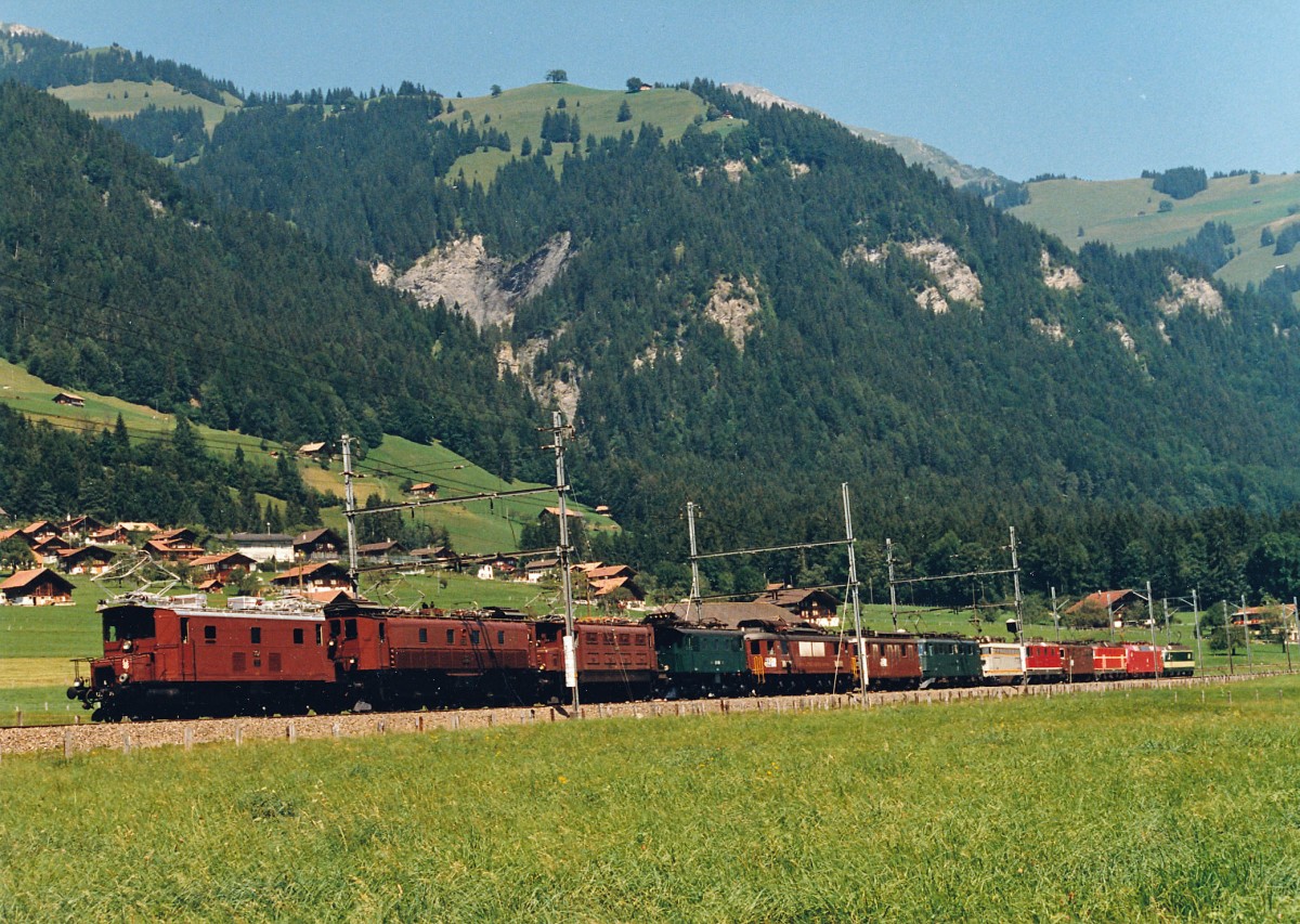 BLS: Im Jubilumsjahr  75 Jahre BLS  war auch die Lokparade einer der Hhenpunkte. Damals wurden auf der Ltschberg-Nordrampe zwischen Frutigen und Kandersteg 13 Lokomotiven von SBB, BLS, RM, BT (plus 3 Lokomotiven aus dem Ausland) prsentiert. Lokzug bestehend aus 13 verschiedenen Loktypen auf voller Fahrt bei Frutigen im Jahre 1988.
Foto: Walter Ruetsch