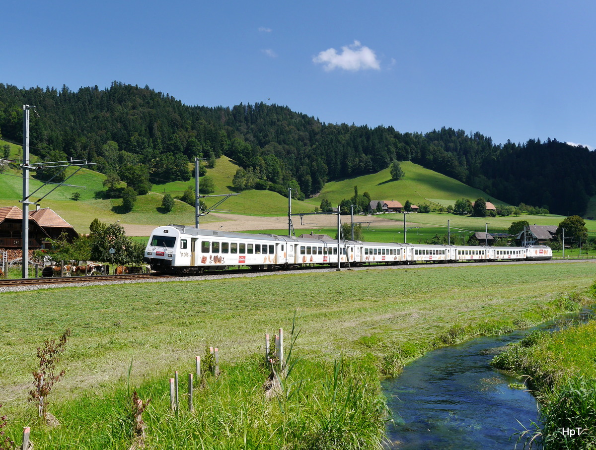 BLS - Kambly-Zug (Güezzi-Express) als RE Luzern - Bern am der Spitze der Steuerwagen Bt 50 85 80-35 9901 unterwegs bei Zäziwil am 07.08.2016