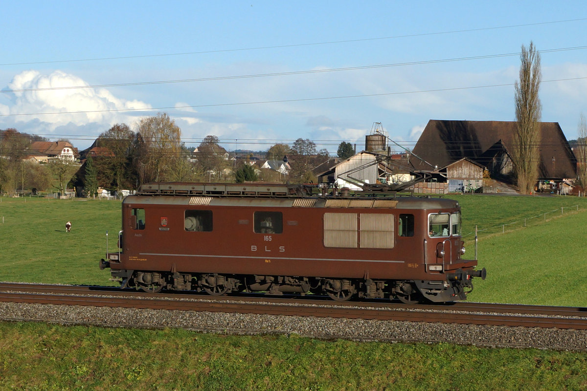 BLS: Lokzug mit der Re 4/4 165 bei Bettenhausen am 19. November 2016.
Foto: Walter Ruetsch