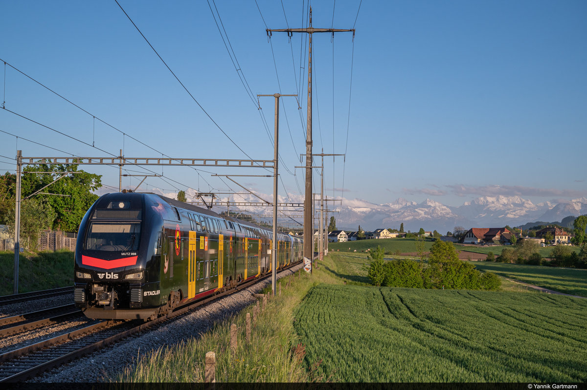 BLS RABe 515 008 mit der SCB Werbung und RABe 515 031 am späten Abend des 04.05.2020 als S1 nach Freiburg unterwegs. Hier zwischen Gümligen und Ostermundigen aufgenommen.