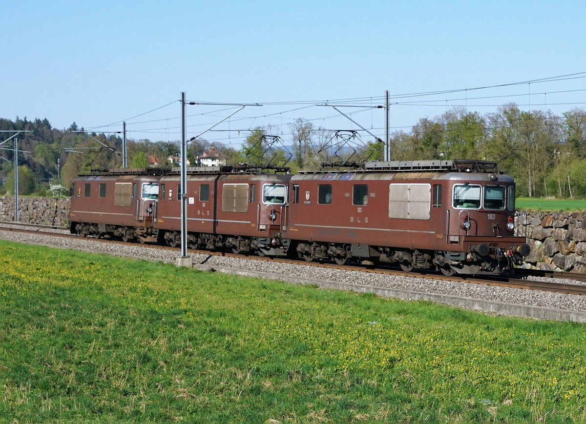 BLS Re 425: Nicht alltäglicher BLS CARGO Lokzug bestehend aus drei braunen Bären bei Roggwil unterwegs am 19. April 2018.
Foto: Walter Ruetsch