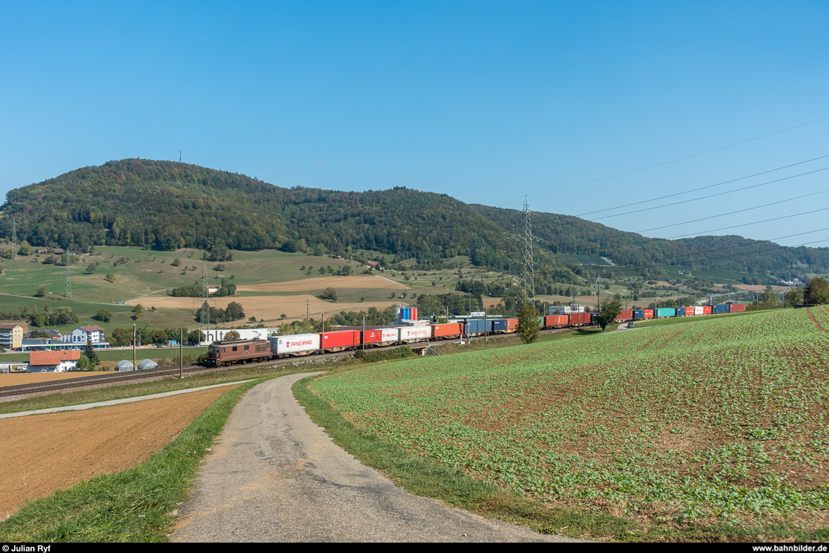 BLS Re 4/4 195  Unterseen  mit einem UKV-Zug am 28. September 2018 bei Frick.