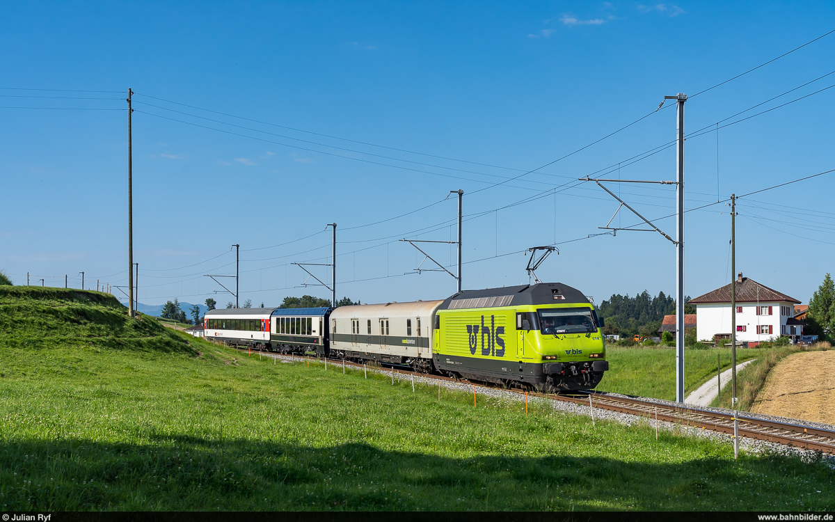 BLS Re 465 014 / Versuchszug mit MOB GoldenPass Express Interfacewagen Schwarzenburg - Bern Fischermätteli / Lanzenhäusern, 12. August 2021