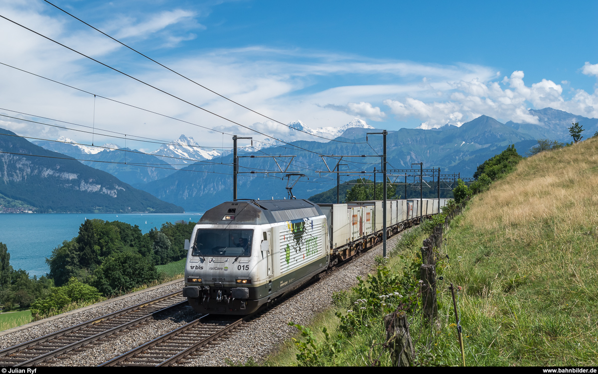BLS Re 465 015, vermietet an RailCare, fährt am 4. Juli 2017 mit dem RailCare-Zug aus Brig bei Einigen in Richtung Niederbottigen.