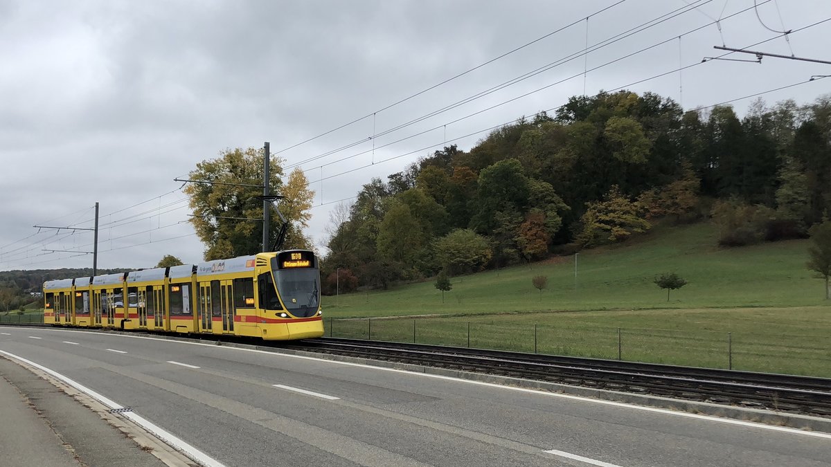 BLT Be 6/10 174 unterwegs auf der Linie 10 zwischen Känelmatt und Ettingen. Der Wagen überfährt in kürze die Gemeindegrenze von Ettingen. Die Aufnahme stammt vom 29.10.2018