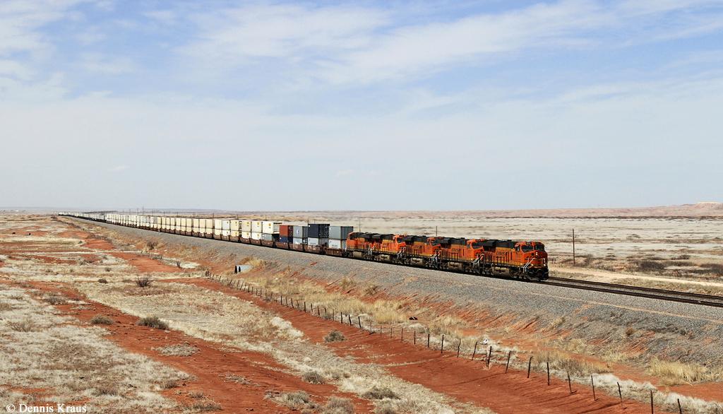 BNSF 8112, 6979, 8090, 7616 und 8255 mit Containerzug am 29.03.2015 bei Taiban, New Mexico.