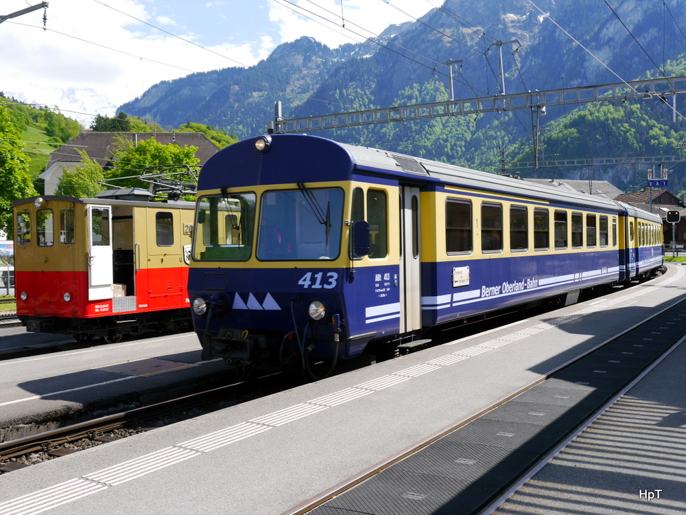 BOB - Steuerwagen ABt 413 an der Spitze bei der einfahrt im Bahnhof Wilderswil am 18.05.2014