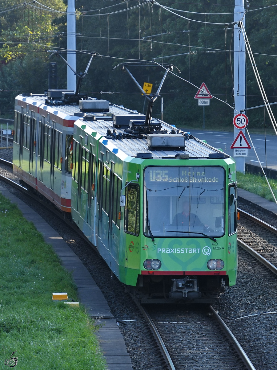 Bogestra 6025 auf der Linie U35 nach Herne Schloß Strünkede, hier kurz vor der Ankunft an der Haltestelle Bochum Ruhr-Universität. (September 2021)