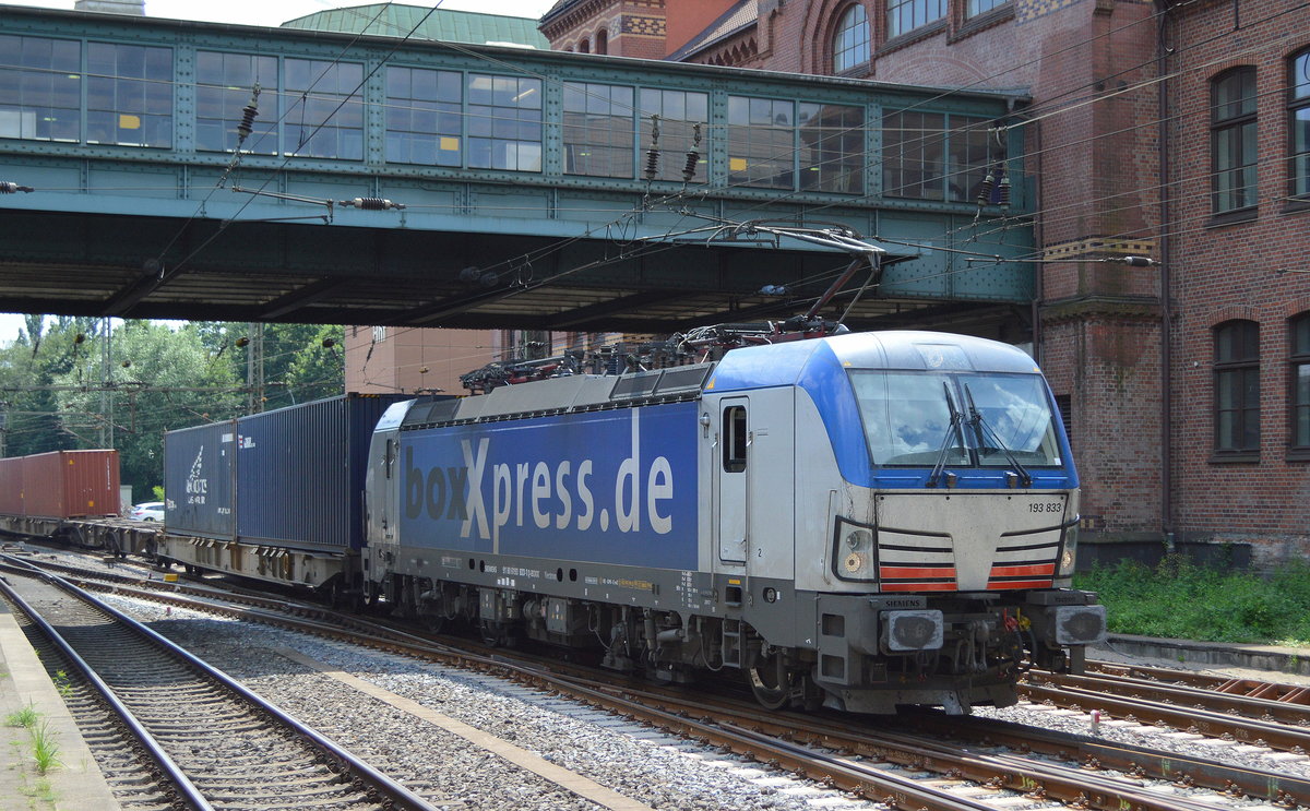 boxXpress.de GmbH mit  193 833  [NVR-Number: 91 80 6193 833-1 D-BOXX] und Containerzug am 18.06.19 Richtung Hamburger Hafen im Bahnhof Hamburg-Harburg. 