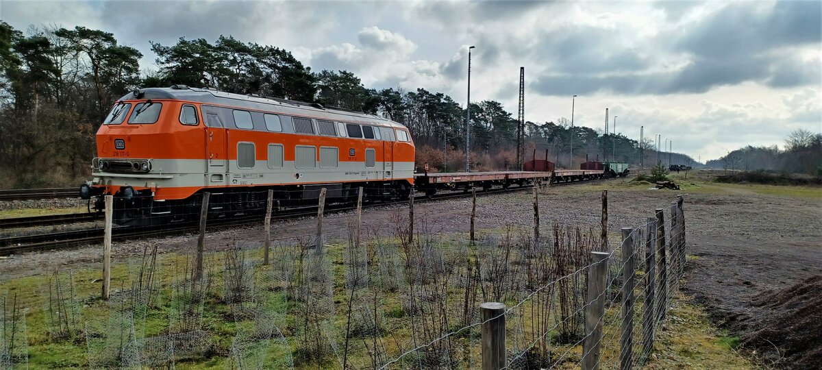 Br 218 117-0 bei Schwetzingen/Hirschacker abgestellt um  11Uhr Vormittags mit kurzem Güterzug.Lok scheint neu lackiert zu sein 