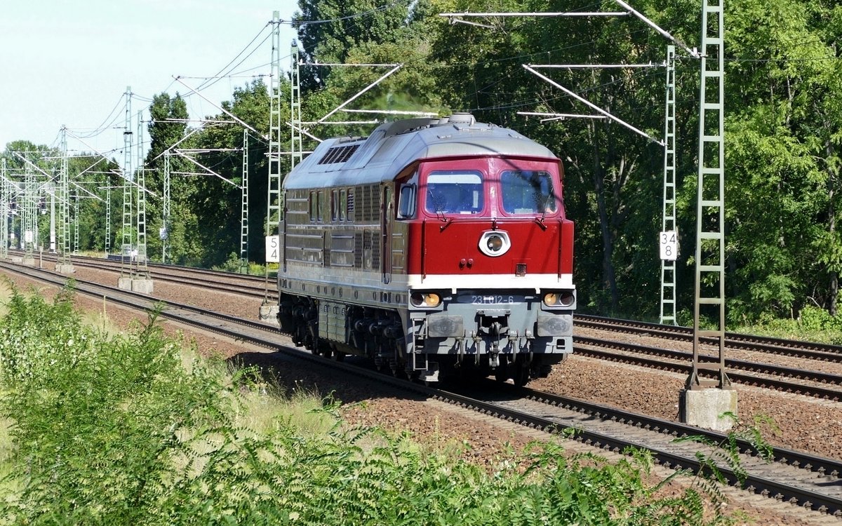 BR 231 / DR 131, ''231 012-6'' der WFL -Wedler Franz Logistik, während der  Durchfahrt in westlicher Richtung,  durch den Bahnhof von Berlin -Jungfernheide (Gleis 3), im August 2020.