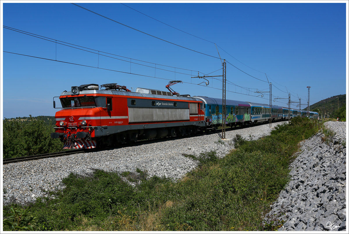  Brigitte  S 363 017 rollt mit IC 505  POHORJE  (Maribor - Koper) ber die Koperrampe talwrts. 
Prenica 17.8.2013