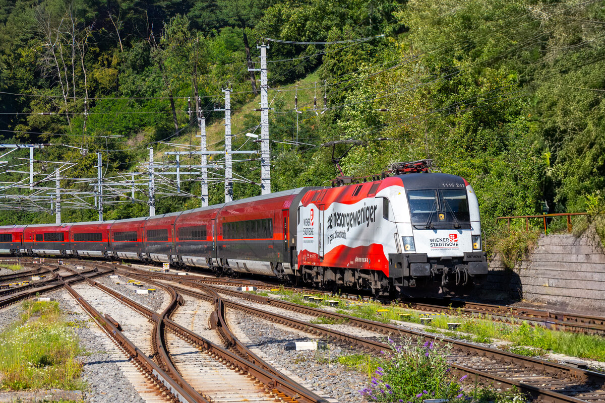 Bruck an der Mur. In Form einer riesigen Österreich-Fahne wirbt die 1116 247 für die Wiener Städtische. Am 19.08.2025 hatte der Ochse die Ehre, den railjet 657 vom Flughafen Wien nach Graz ziehen. Hier erreicht die Garnitur ihren vorletzten Halt Bruck an der Mur.