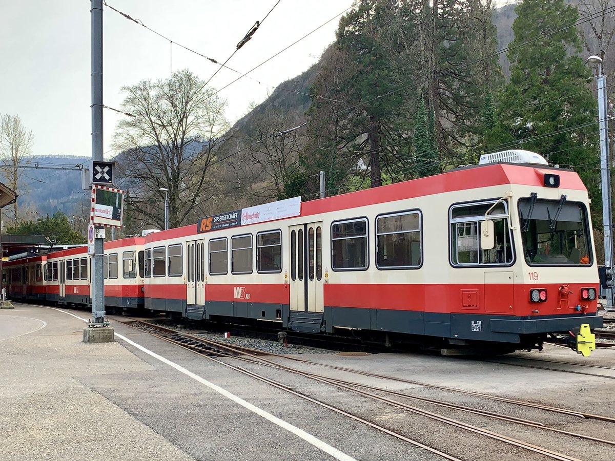 Bt 119 der Waldenburgerbahn am 10.3.21 im Bahnhof Waldenburg.