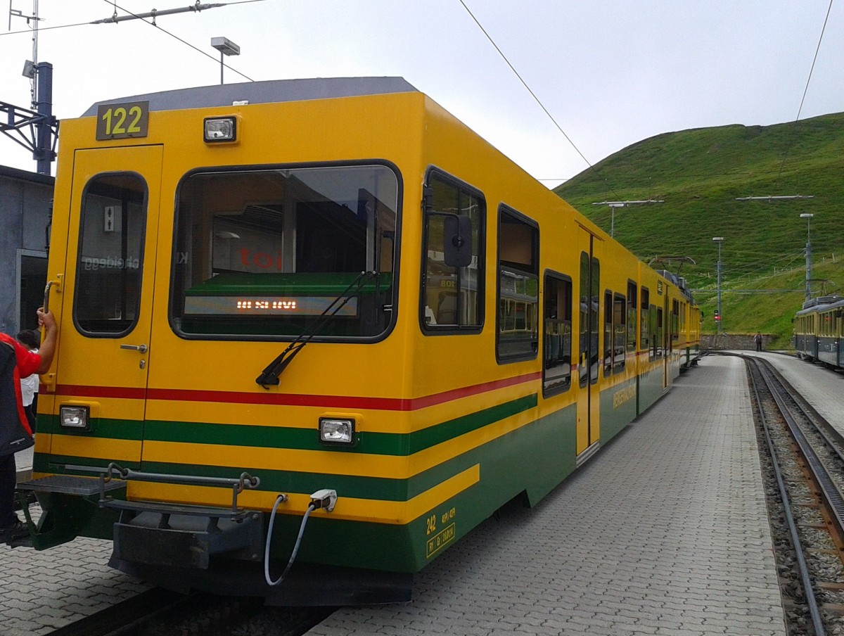 Bt 242 + BDeh 4/8 122 am 23.7.2015 im Bahnhof Kleine Scheidegg.