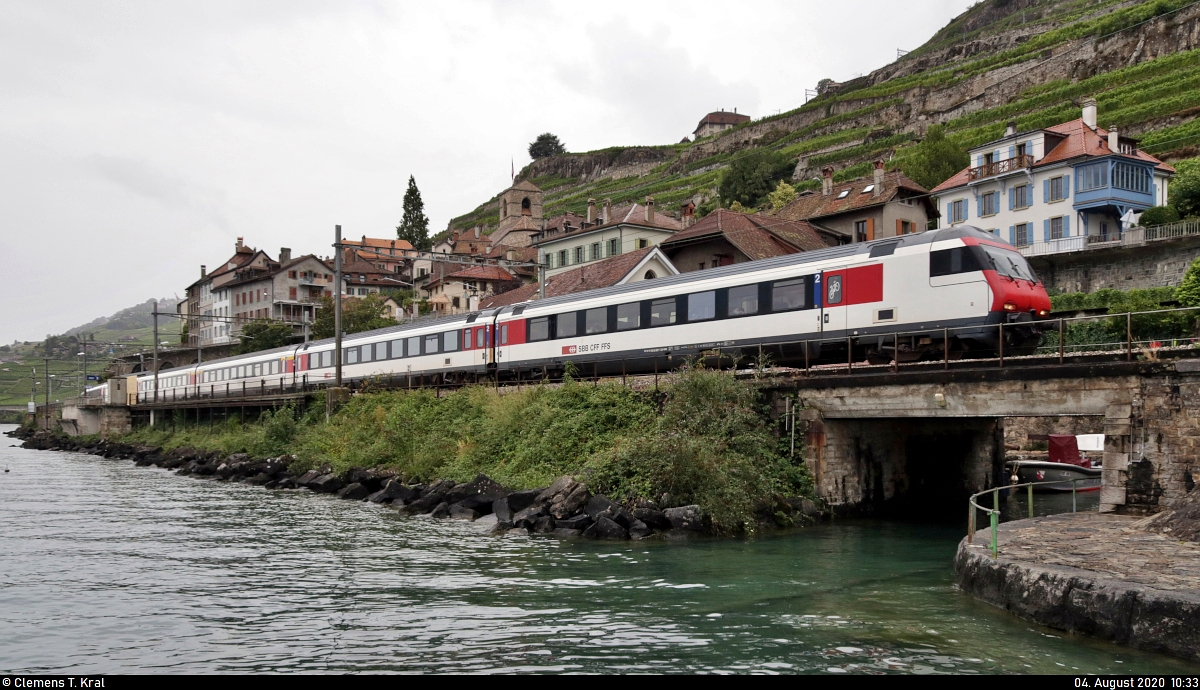 Bt (50 85 28-94 963-1 CH-SBB) mit Schublok Re 460 034-2  Aare  unterwegs am Plage de la Lisette in Saint-Saphorin (CH).

🧰 SBB
🚝 IR 1715 (IR 90) Genève-Aéroport (CH)–Brig (CH)
🚩 Bahnstrecke Vallorbe–Domodossola (Simplonstrecke | 100/200)
🕓 4.8.2020 | 10:33 Uhr