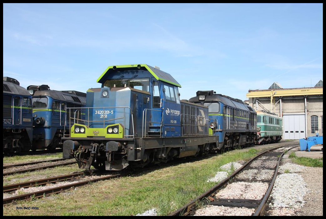 Bunt gemischt standen am 22.5.2016 die Lokomotiven im Diesellok Depot Kamienice Zabkowicki. Vorn ist eine modifizierte SM 42 mit neuer Nummer 620201 zu sehen. Dahinter stehen eine Taiga Trommel ST 44 und ein Kutter ST 43.