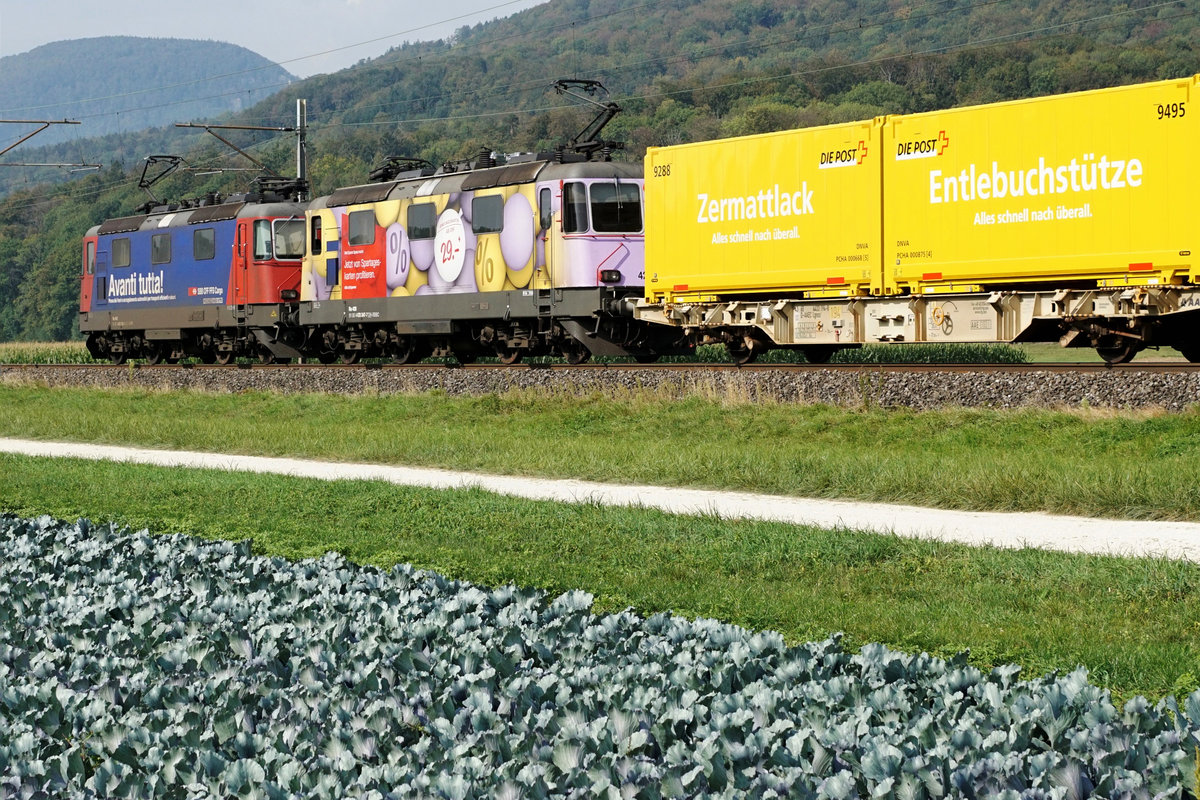 Bunter Postzug mit den Re 420 288-3 und der Re 420 347-7 zwischen Oberbuchsiten und Oensingen am 16. September 2020.
Foto: Walter Ruetsch