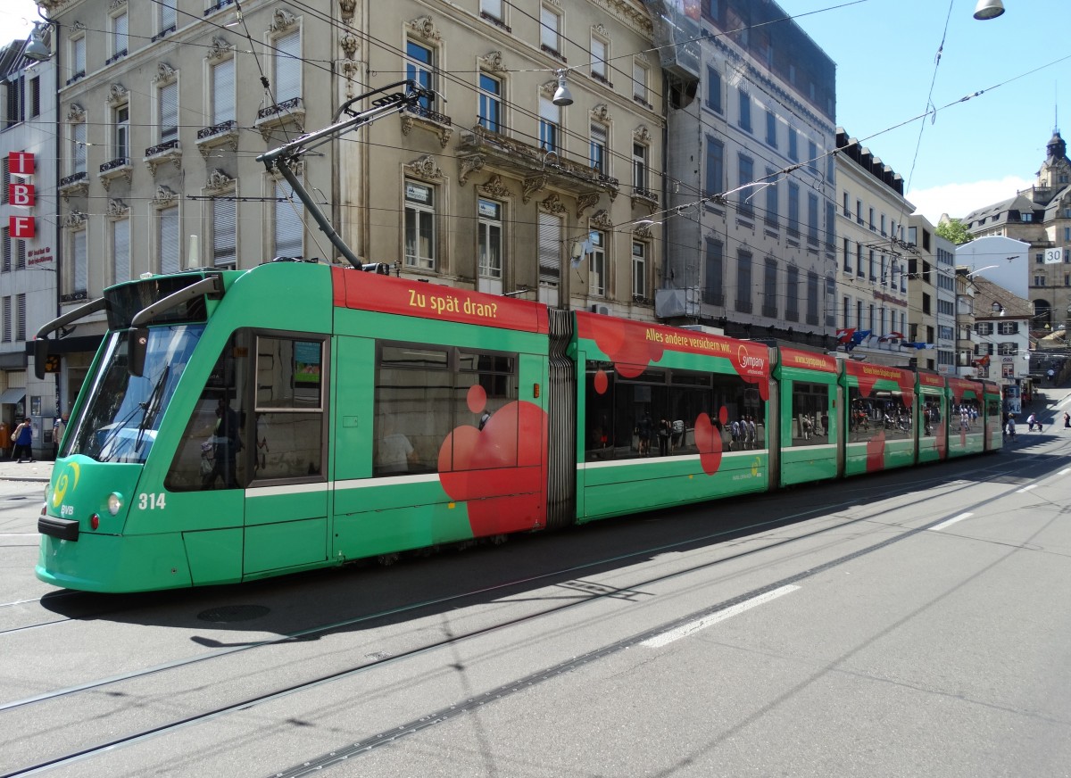 BVB Basel Be 6/8 Siemens Combino 314 am 25.07.15 in Basel Bankverein