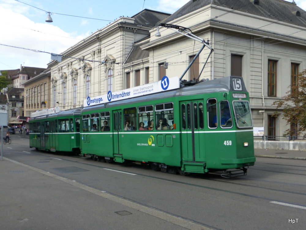 BVB - Be 4/4 459 mit Beiwagen unterwegs auf der Linie 15 in der Stadt Basel am 20.09.2014