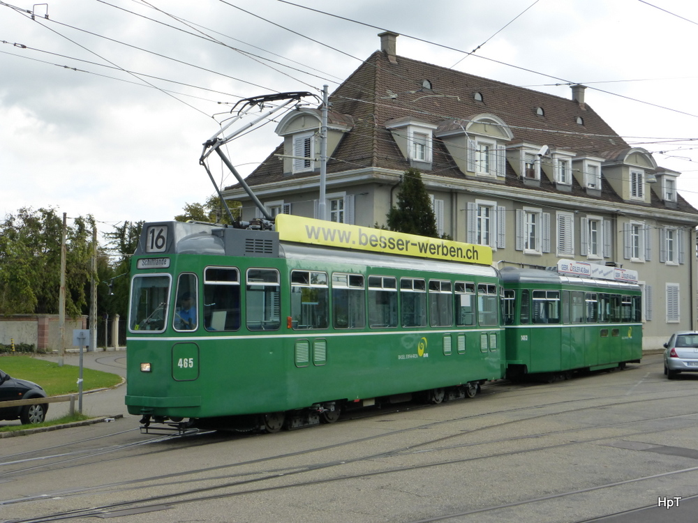 BVB - Be 4/4 465 mit Beiwagen unterwegs auf der Linie 16 in der Stadt Basel am 20.09.2014