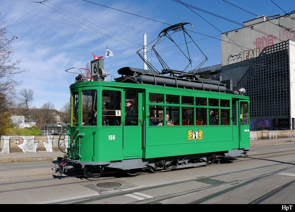BVB - Tram Be 2/2 156 unterwegs auf der Linie 6 anlässlich der 125 Jahr Feier der BVB am 22.02.2020