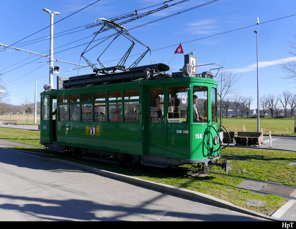 BVB - Tram Be 2/2 156 unterwegs auf der Linie 6 anlässlich der 125 Jahr Feier der BVB am 22.02.2020