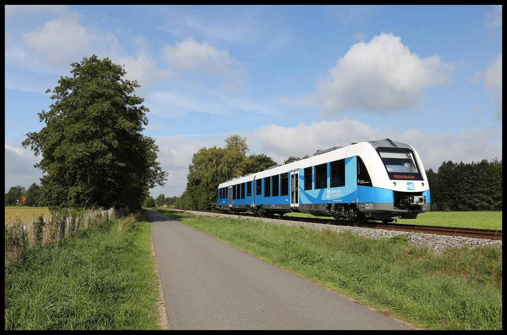 Ca. zwei Kilometer östlich von Nordhorn ist hier der VT 114 der Bentheimer Eisenbahn am 3.9.2019 um 10.42 Uhr unterwegs von Neuenhaus nach Bad Bentheim.