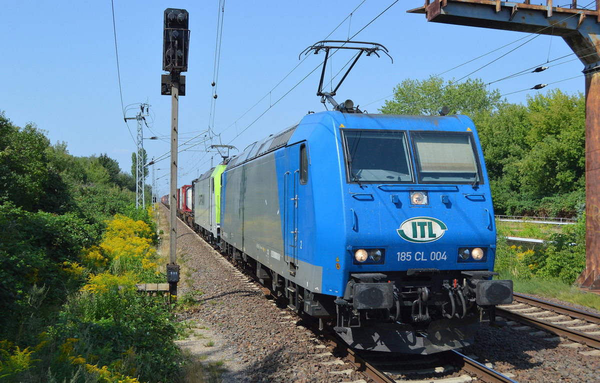 Caitrain/ITL Doppeltraktion 185 CL 004 [NVR-Number: 91 80 6185 504-8 D-ITL] + 185? mit Containerzug am 09.08.18 Bf. Berlin-Hohenschönhausen.
 
