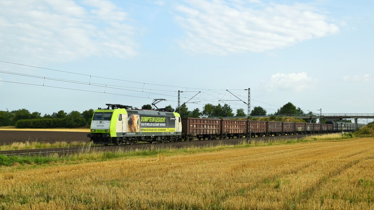 Captrain Deutschland 185 532-9  DOMPTEUR GESUCHT , vermietet an CCW, mit leerem Kokszug Bremen Stahlwerke - Bottrop Süd (Marl, NI, 14.07.2023).
