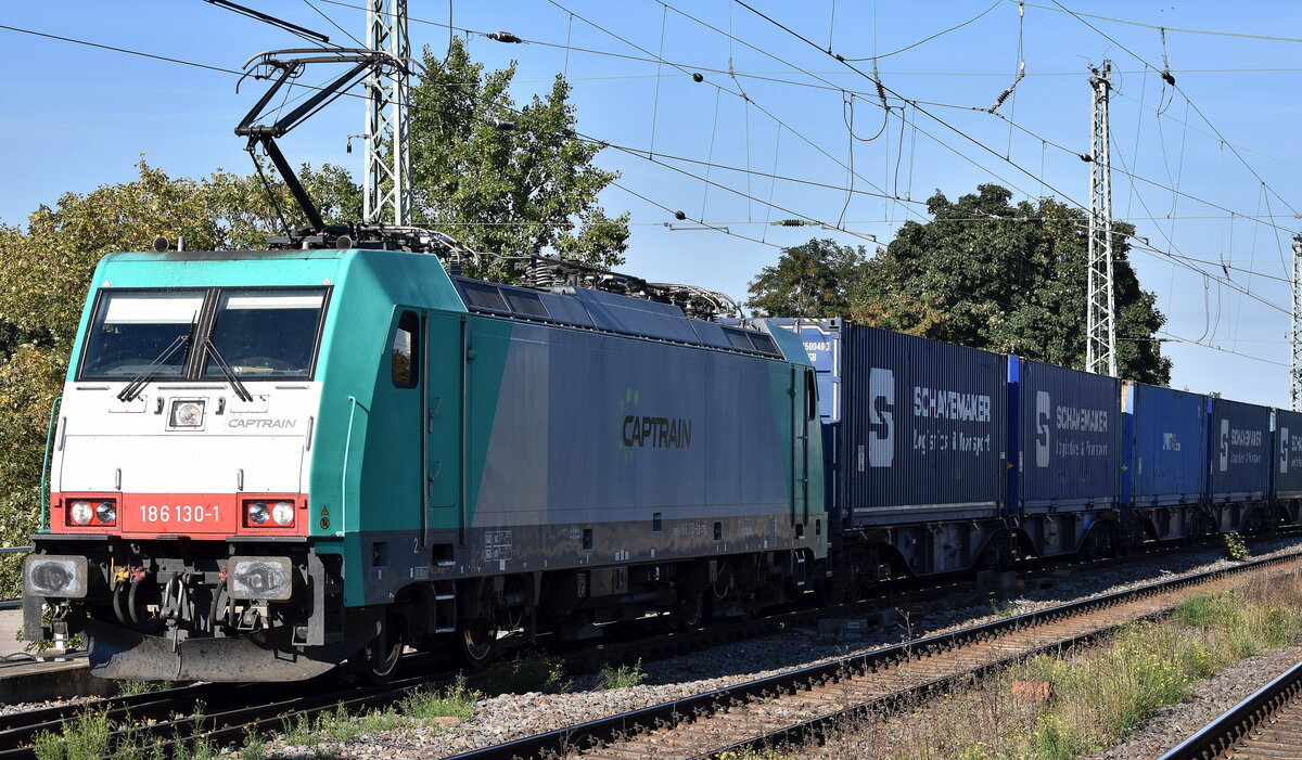 Captrain Polska Sp. z o.o., Wrocław [PL] mit ihrer  186 130-1  [NVR-Nummer: 91 80 6186 130-1 D-CTPL] und einem Containerzug am 07.09.23 Vorbeifahrt Bahnhof Magdeburg-Neustadt.