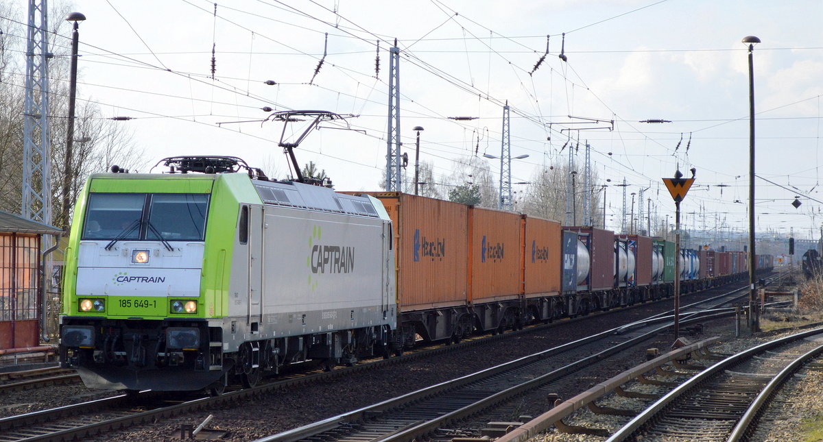 Captrain/ITL 185 649-1 mit Containerzug Richtung Frankfurt/Oder am 21.02.18 Berlin-Hirschgarten.
