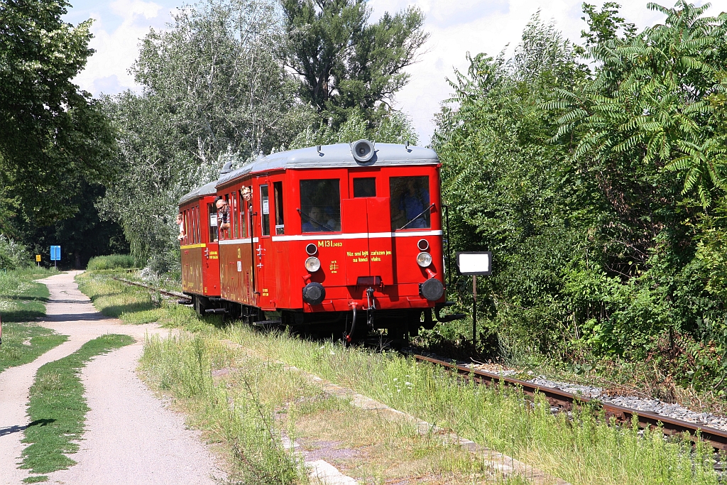 CD 801 463-1 (historisch angeschrieben als CSD M131 1463)  schaukelt  als Os 24525 (Lednice - Breclac) am 28.Juli 2018 in die Bedarfshaltestelle Lednice Ribniky.