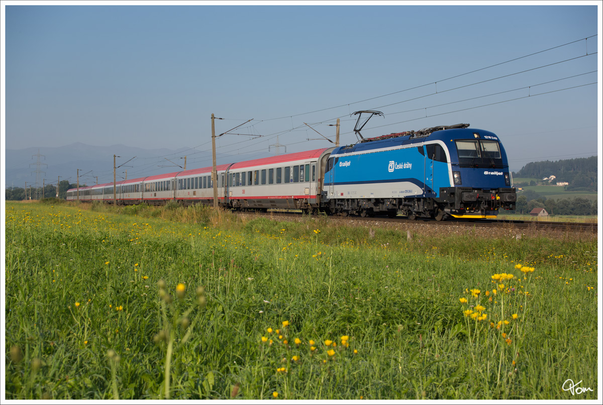 CD Railjet 1216 239 fährt frühmorgens mit dem EC 172 von Villach nach Hamburg Altona.
St. Margarethen 19.7.2014