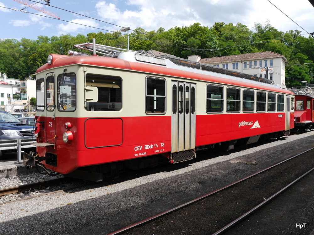 CEV / Goldenpass - Zahnradtriiebwagen Beh 2/4 73 abgestellt in Vevey am 06.07.2014
