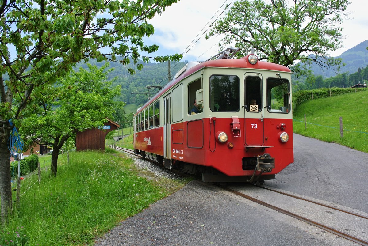 CEV Fotofahrt mit dem BDeh 2/4 Nr. 73: Nach der Fahrt nach Les Pliades befuhren wir noch das Netz der Museumsbahn B-C (Blonay-Chamby). Das Bild entstand in Cornaux, 16.05.2015. 

