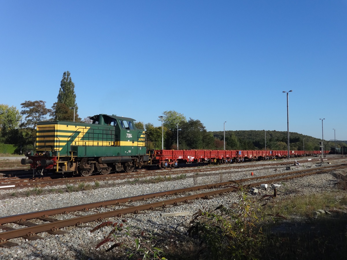 Chemin de Fer à Vapeur des 3 Vallées - Die diesellok 7304 mit 10 leer wagen der gattung  Res  - Mariembourg - 02-10-2015
