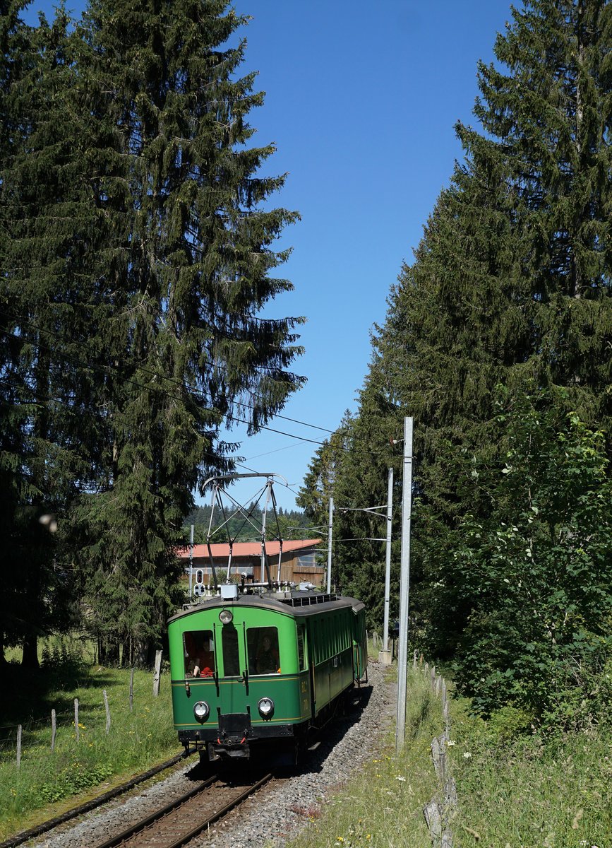 Chemins de fer du Jura, CJ.
Sommeridylle vom Jura.
Sonderzug bestehend aus dem BCe 2/4 70 und dem TT C7 auf der Fahrt nach Glovelier bei Pré-Petitjean am 23. Juni 2018.
Foto: Walter Ruetsch 

