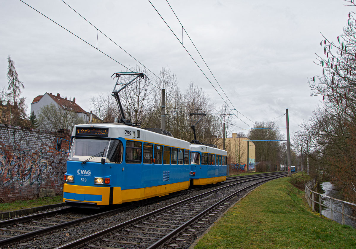 Chemnitz 

CVAG ČKD Tatra T3D-M 529 + 530 als Linie 1, Kappler Drehe, 09.03.2020