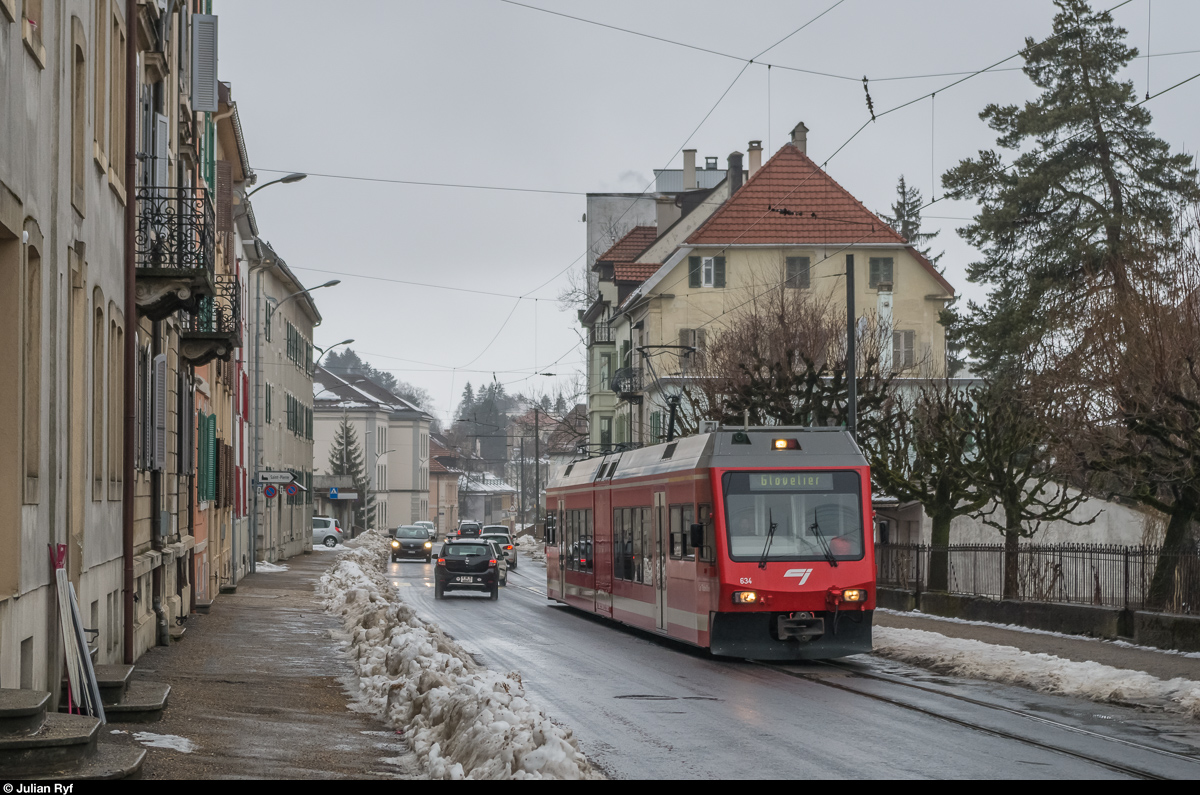 CJ Be 2/6 634 als Regio nach Glovelier am 8. Februar 2017 in La Chaux-de-Fonds.