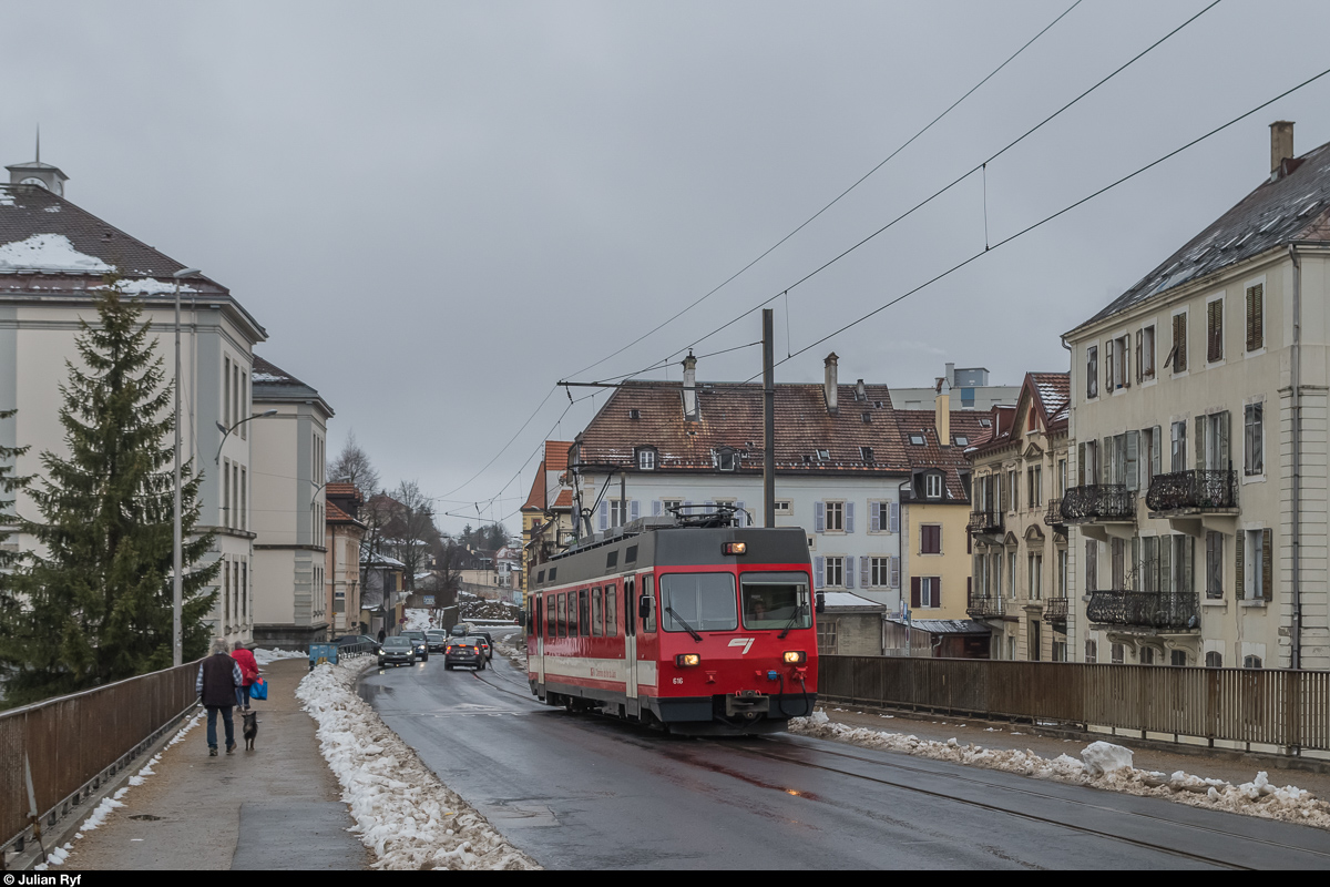 CJ Be 4/4 616 als Regio nach Saignelégier am 8. Februar 2017 in La Chaux-de-Fonds.
