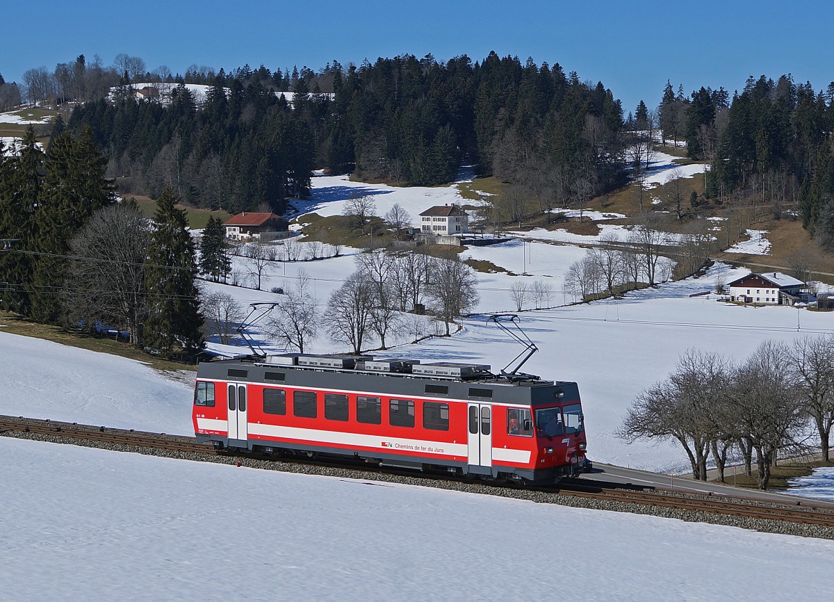 CJ: Be 4/4 616 ex FW zwischen La Chaux de Fonds und Le Noirmont am 12. März  2015.
Foto: Walter Ruetsch