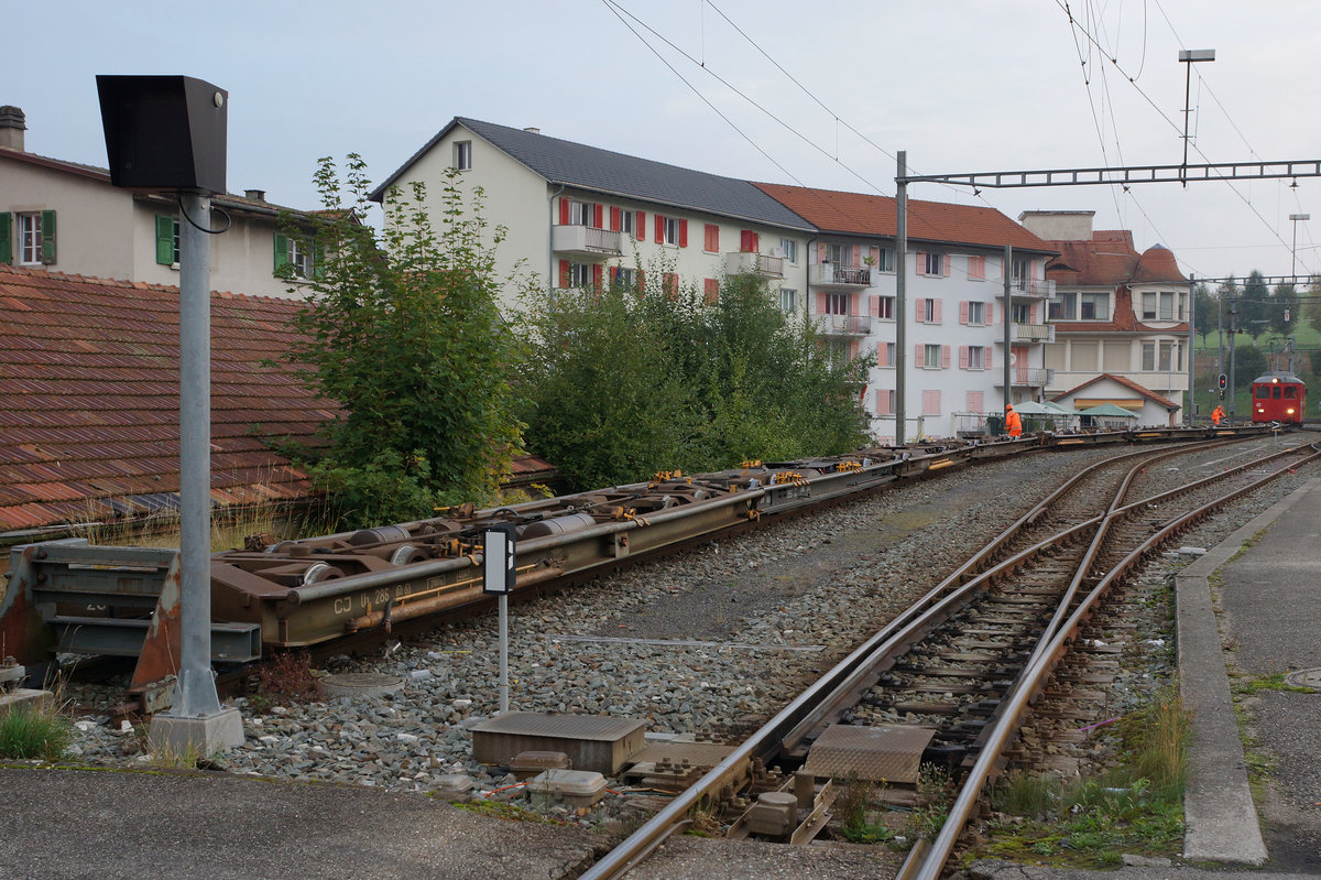 CJ: Güterverkehr in Tavannes am frühen Morgen des 27. September 2016. Seit dem Mai 1921 werden in Tavannes Normalspurwagen auf Rollschemel verladen, die hauptsächlich Holz transportieren. In der Schweiz geschieht das nur noch bei der CJ. Bei den privaten Bahnunternehmungen ASm, TPF, TRAVAYS und MBC wurde bereits vor mehreren Jahren auf den Betrieb mit Rollböcken umgestellt, was dem Rangierpersonal die harte Arbeit erleichtert.
Foto: Walter Ruetsch
